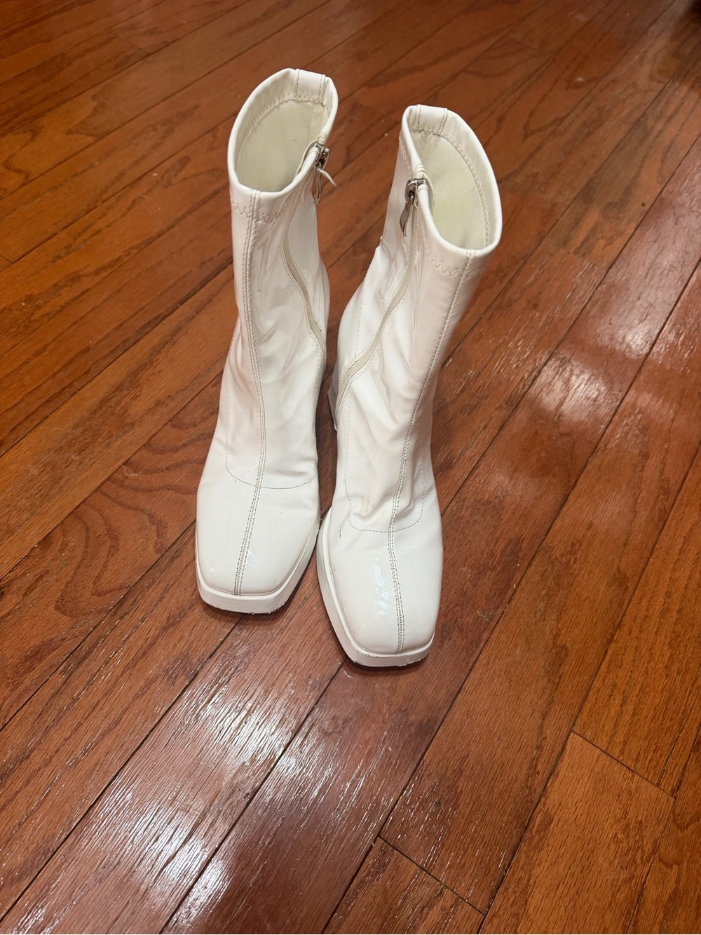 White Square-Toe Mid-Calf Heeled Boots with Side Zip